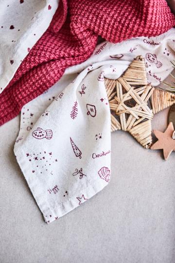 Geschirrtuch Merle natur mit rotem Muster und Text