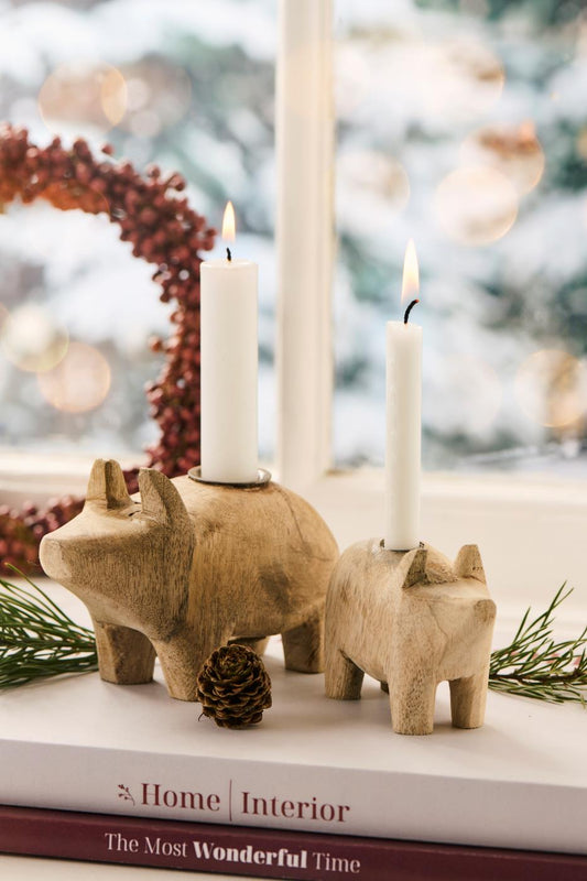 Schwein UNIKA Holz Kerzenhalter groß