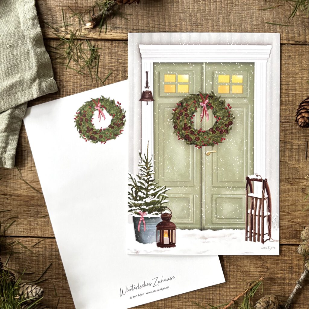Ann & Jan Postkarte „Winterliches Zuhause“ – Hauseingang im Winter - athomewithpaula