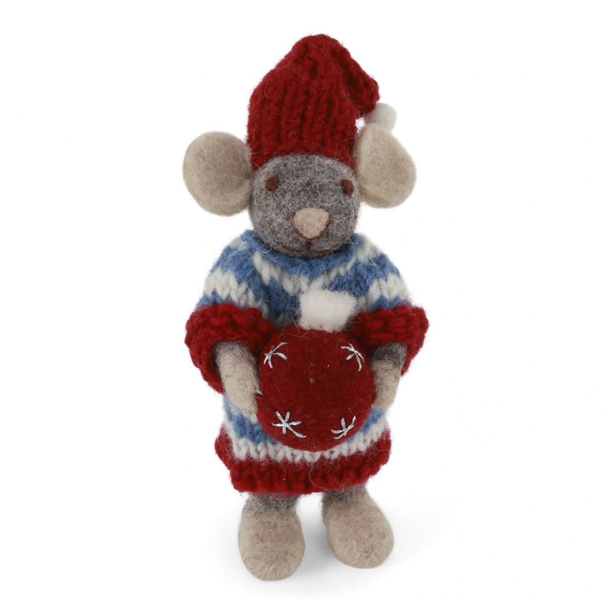 Gry & Sif Filzfigur  Weihnachten Maus im Strickkleid mit Weihnachtskugel