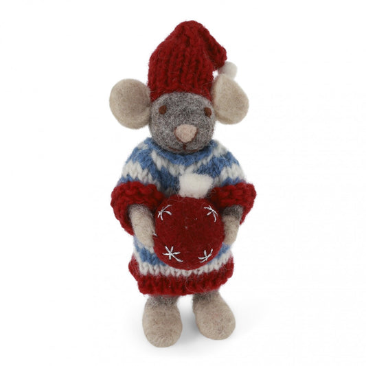 Gry & Sif Filzfigur  Weihnachten Maus im Strickkleid mit Weihnachtskugel