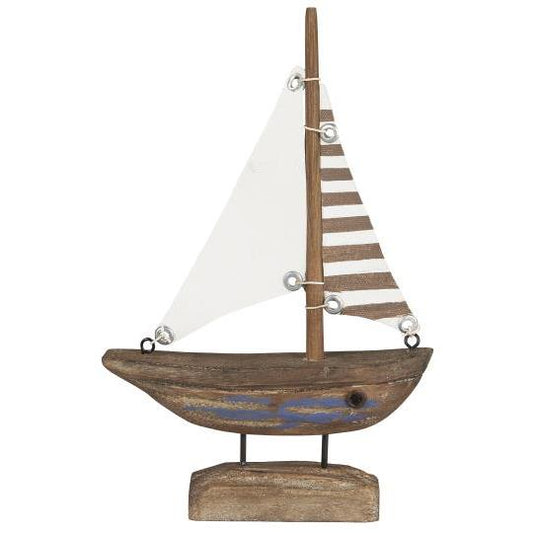 Schiff mit weissem und gestreiftem Segel und blauem Rumpf Nautico